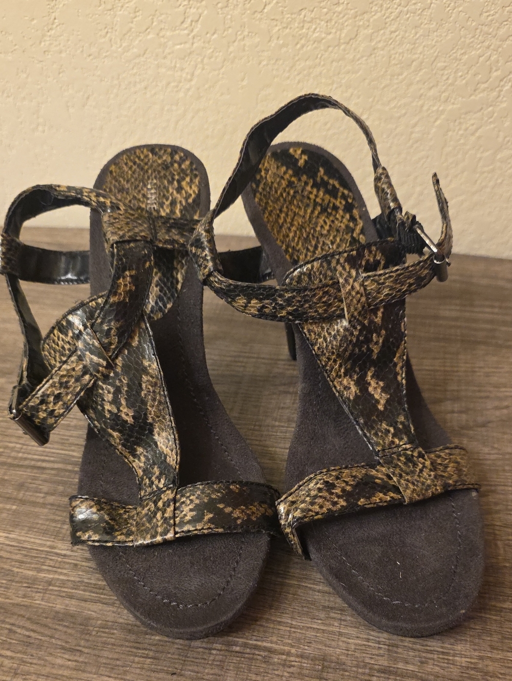 Nine West Snake-Print T-Strap Wedges - Black & Brown
